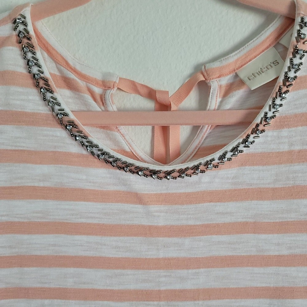 Chicos Womens 3/4 Sleeve Beaded Stripe Nautical Top Sz L Pink Tie Neck Casual - Picture 3 of 13